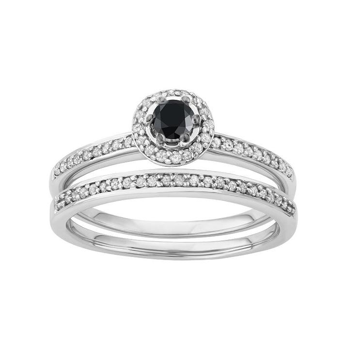 10k White Gold 1/2 Carat T.w. Black & White Diamond Halo Engagement Ring Set, Women's, Size: 6