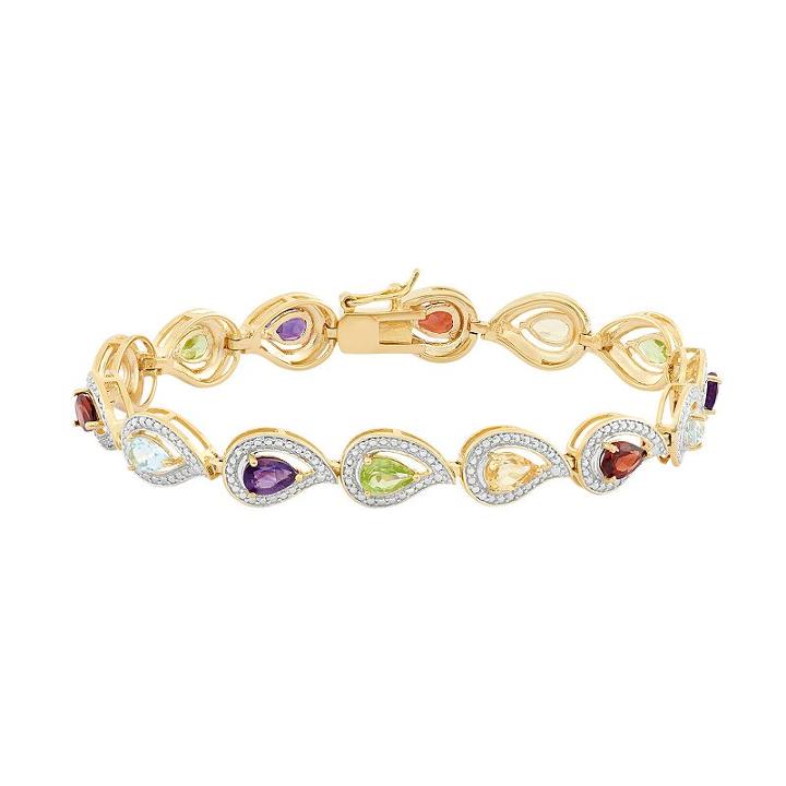 Gemstone 18k Gold Over Silver Teardrop Link Bracelet, Women's, Size: 7.25, Multicolor