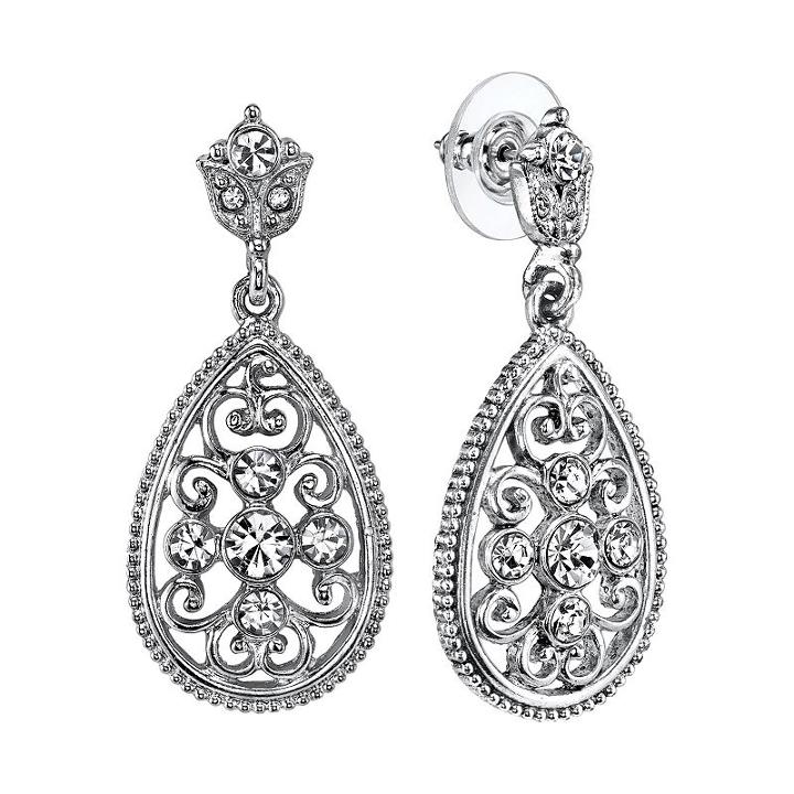 1928 Simulated Crystal Filigree Teardrop Earrings, Women's, White