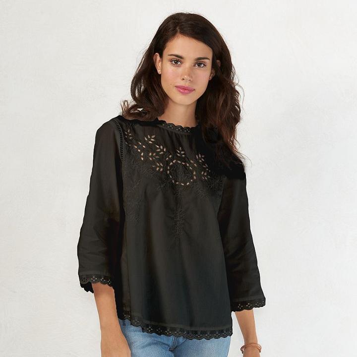 Women's Lc Lauren Conrad Embroidered Poplin Top, Size: Large, Black