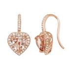 14k Rose Gold Over Silver Morganite Triplet And Lab-created White Sapphire Heart Halo Drop Earrings, Women's, Pink
