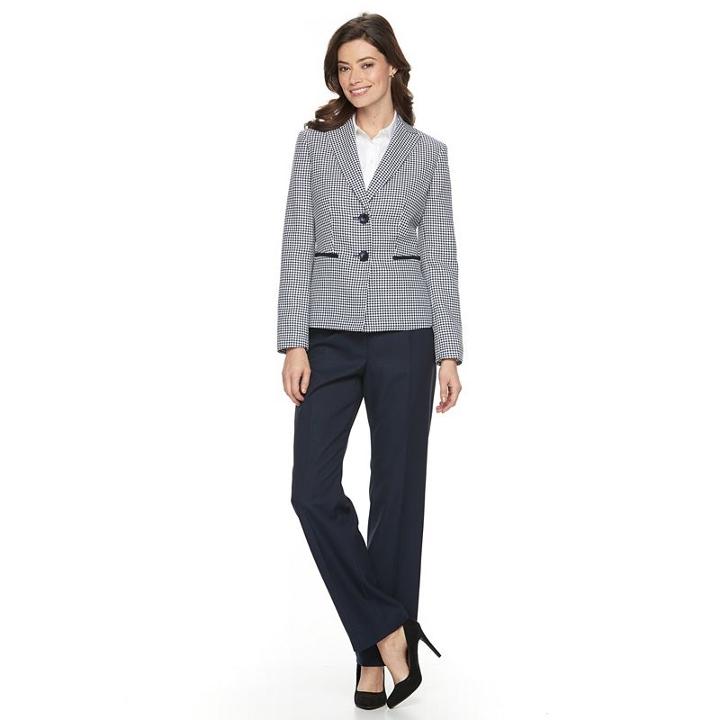 Women's Le Suit Checkered Tweed Suit Jacket & Solid Pants Set, Size: 16, Blue (navy)