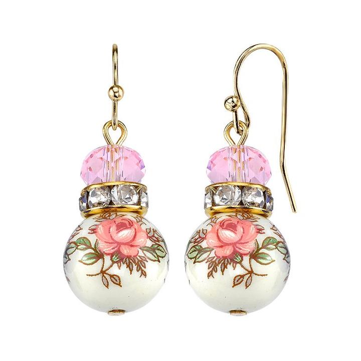 1928 Pink Beaded Rose Drop Earrings, Women's, Multicolor