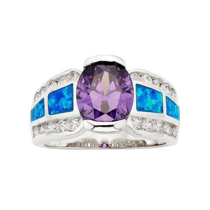 Cubic Zirconia & Lab-created Blue Opal Sterling Silver Ring, Women's, Size: 7, Multicolor