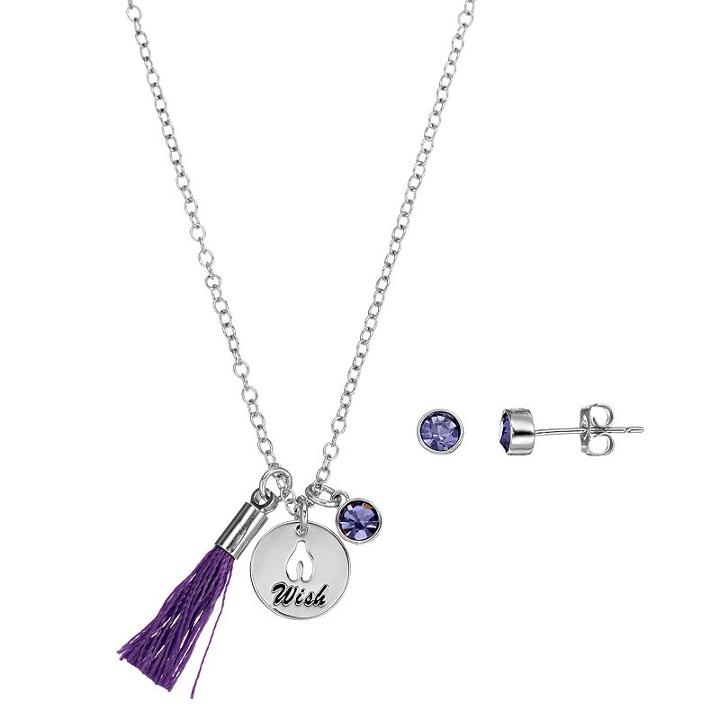Silver Plated Wish Tassel Charm Pendant & Crystal Stud Earring Set, Women's, Size: 18, Purple