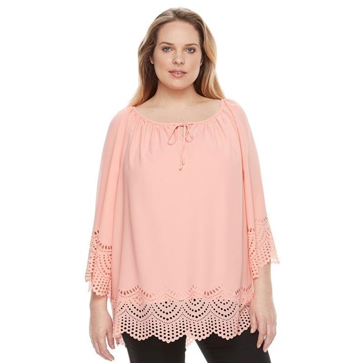 Plus Size Ab Studio Laser-cut Peasant Top, Women's, Size: 1xl, Med Orange
