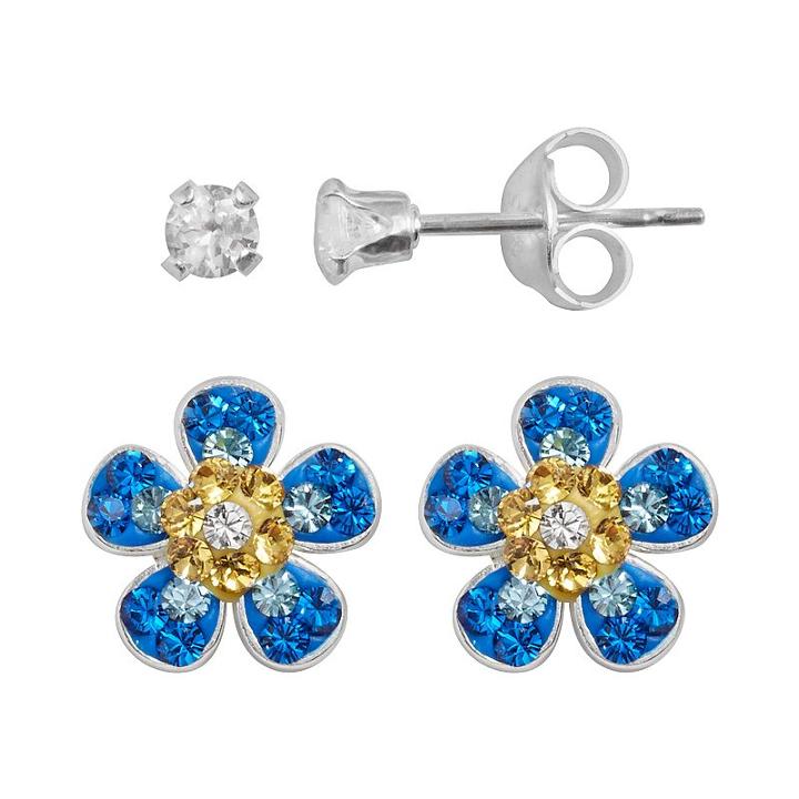 Sterling Silver Cubic Zirconia And Crystal Flower Stud Earring Set, Women's, Multicolor