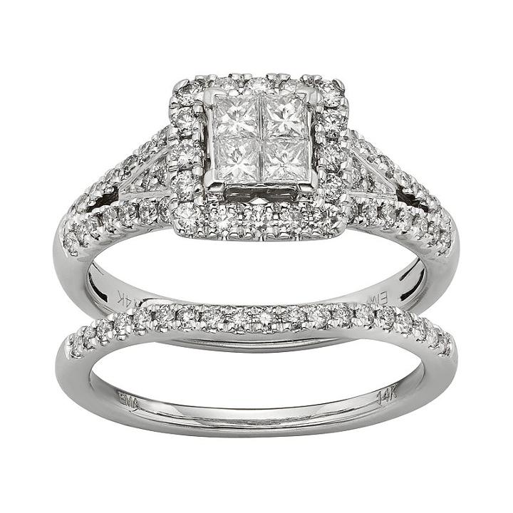 Igl Certified Diamond Square Halo Engagement Ring Set In 14k White Gold (1 Carat T.w.), Women's, Size: 7