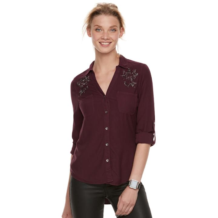 Women's Rock & Republic&reg; Beaded High-low Shirt, Size: Large, Red