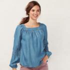 Women's Lc Lauren Conrad Love, Lauren Shirred Peasant Top, Size: Medium, Blue