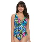 Women's Trimshaper Megan Tummy Slimming Pleated One-piece Swimsuit, Size: 6, Floral Multi