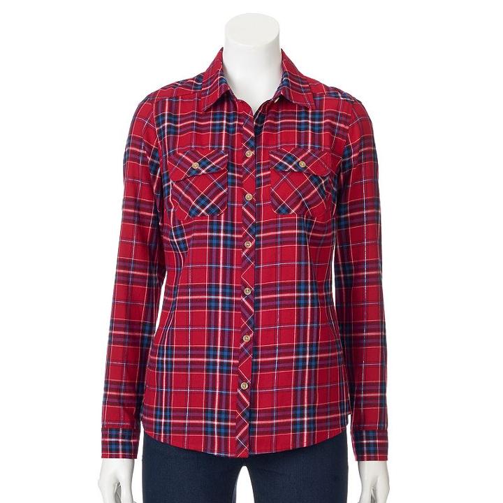 Croft & Barrow&reg; Plaid Flannel Shirt - Women's, Size: Xl, Med Red
