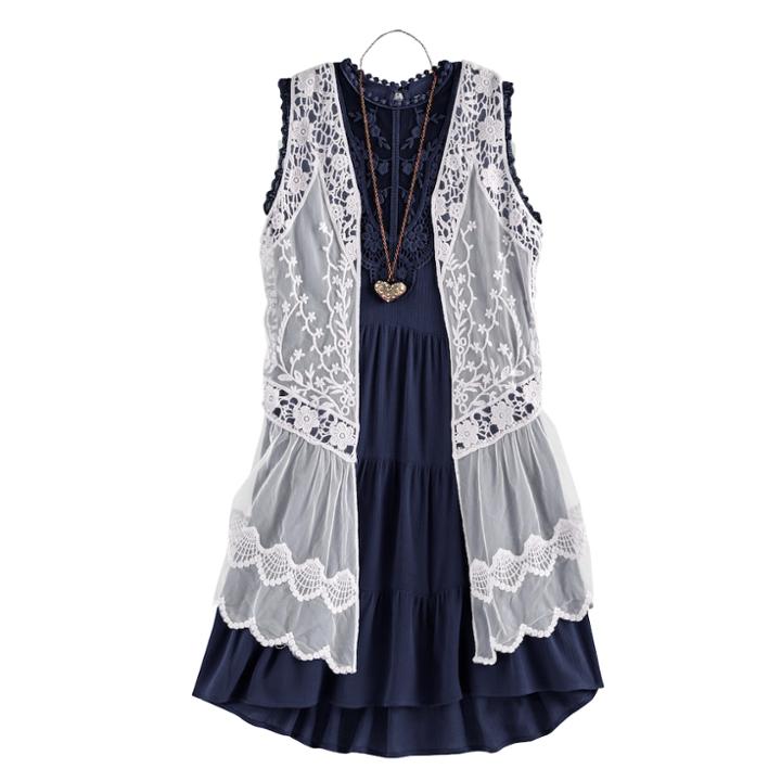 Girls 7-16 Knitworks Crochet Lace Vest & Tiered Dress Set With Necklace, Size: 16, Blue (navy)