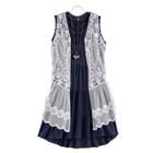 Girls 7-16 Knitworks Crochet Lace Vest & Tiered Dress Set With Necklace, Size: 16, Blue (navy)