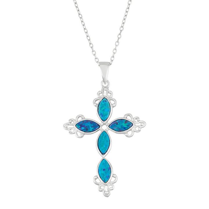 Sterling Silver Lab-created Blue Opal Cross Pendant Necklace, Women's, Size: 18