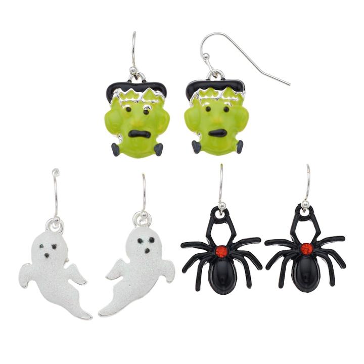 Spider, Ghost & Ghoul Nickel Free Drop Earrings Set, Women's, Multicolor