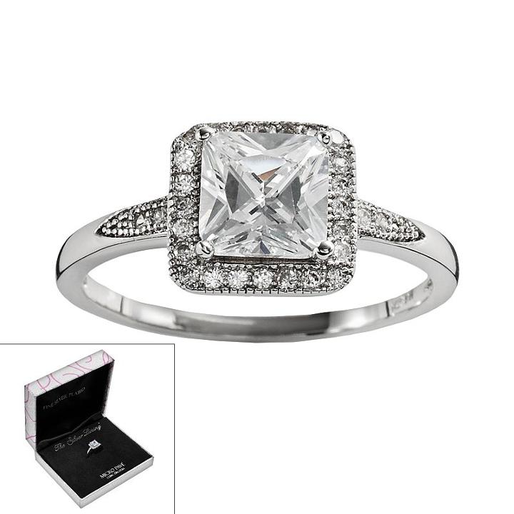 The Silver Lining Silver Plated Cubic Zirconia Square Frame Ring, Women's, Size: 8, White
