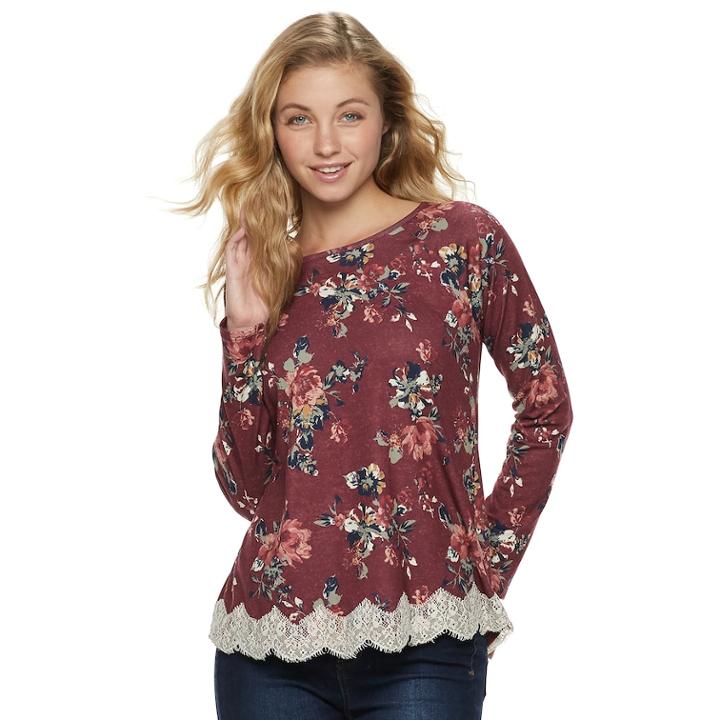 Juniors' Rewind Lace-up Back Crochet Trim Long Sleeve Tee, Teens, Size: Large, Dark Red