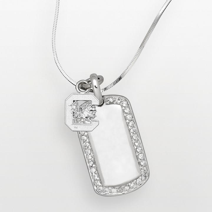 South Carolina Gamecocks Sterling Silver Cubic Zirconia Dog Tag Pendant, White