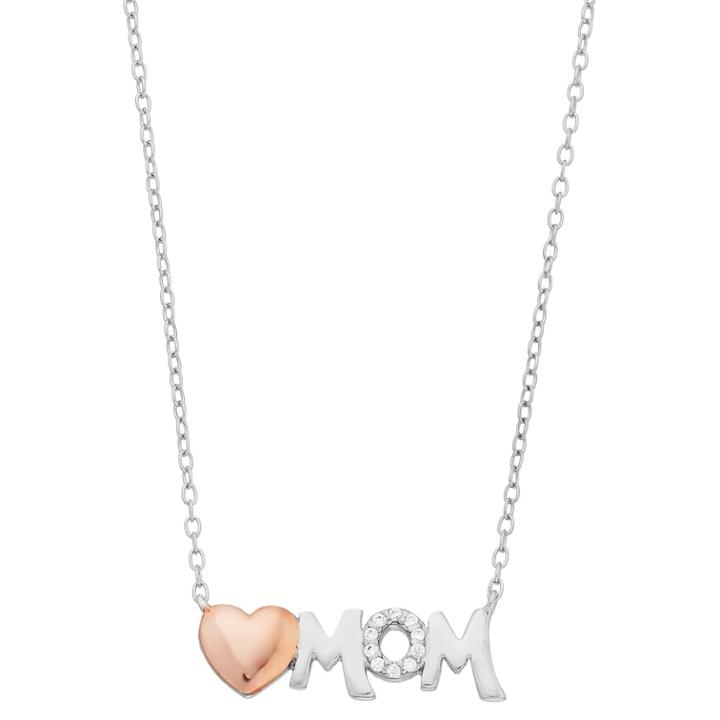 Close At Heart Two Tone Sterling Silver Cubic Zirconia Heart Mom Necklace, Women's