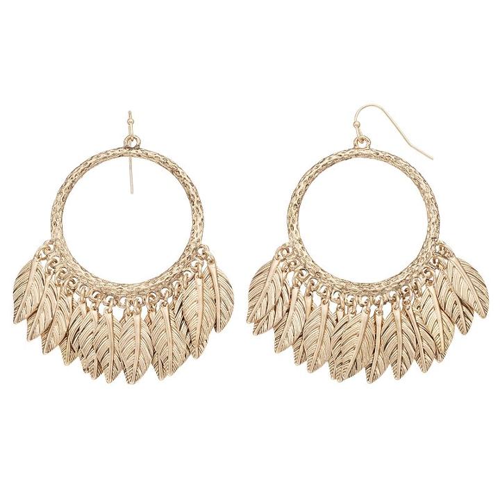 Shaky Feather Drop Hoop Earrings, Women's, Gold