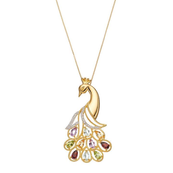 18k Gold Over Silver Gemstone & 1/10 Carat T.w. Diamond Peacock Pendant, Women's, Multicolor