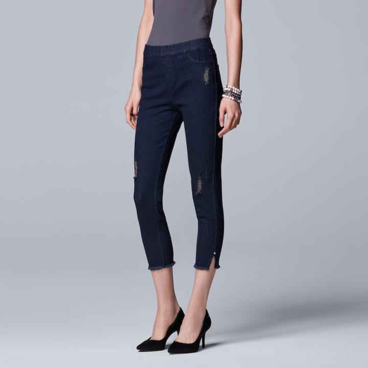 Simply Vera Vera Wang Frayed Side Split Denim Capri Leggings, Women's, Size: Medium, Dark Blue