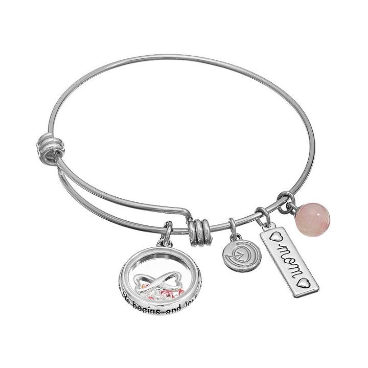 Love This Life Rose Quartz & Crystal Stainless Steel & Silver-plated Mom, & Infinity Heart Charm Bangle Bracelet, Women's, Grey