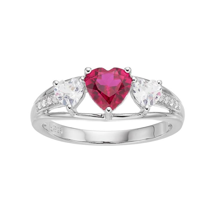 Sterling Silver Lab-created Ruby & White Sapphire Triple Heart Ring, Women's, Size: 7, Red