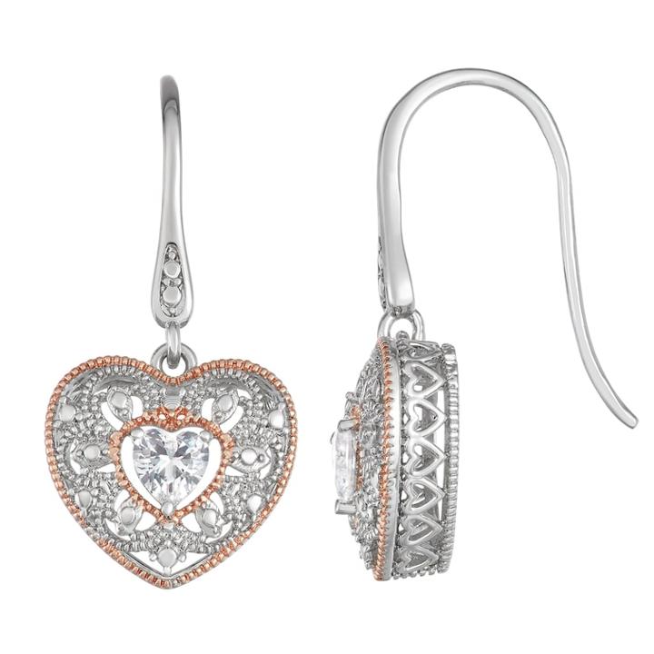 Two Tone Cubic Zirconia Heart Drop Earrings, Women's, White