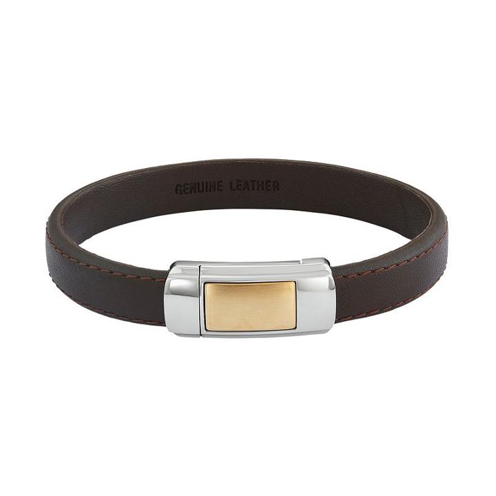 Two Tone Stainless Steel & Brown Leather Bracelet, Women's, Size: 7