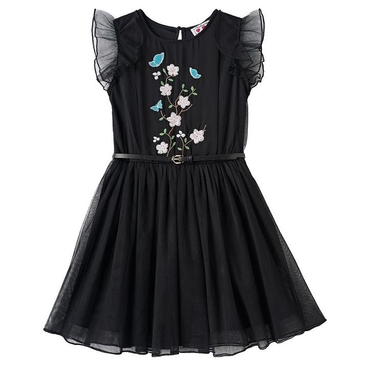 Girls 7-16 Three Pink Hearts Embroidered Flower Mesh Dress, Girl's, Size: 14, Black