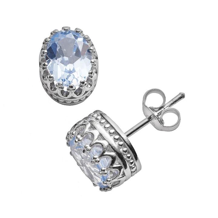 Tiara Sterling Silver Lab-created Aquamarine Oval Crown Stud Earrings, Women's, Blue