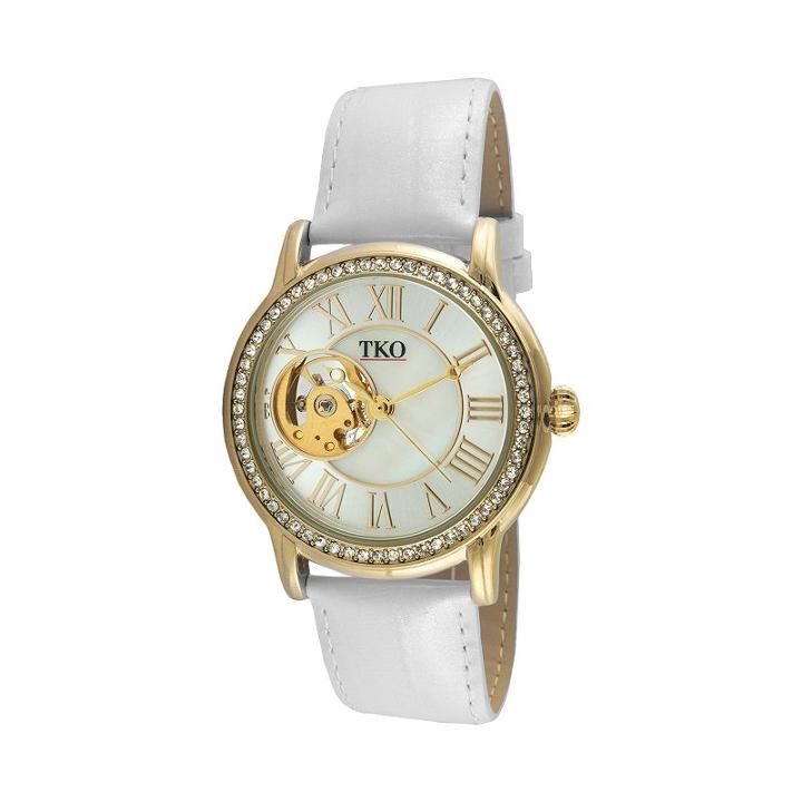Tko Orlogi Women's Crystal Leather Mechanical Skeleton Watch, White