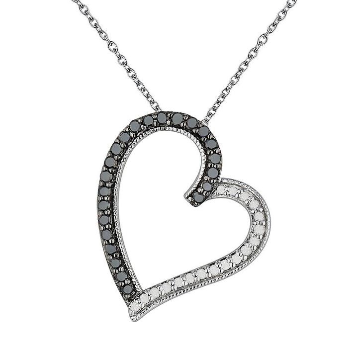 Sterling Silver 3/8-ct. T.w. Black And White Diamond Tilted Heart Pendant, Women's