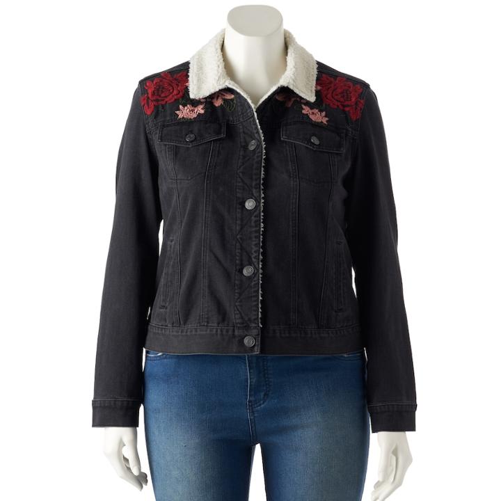 Juniors' Plus Size Mudd&reg; Sherpa-lined Embroidered Jean Jacket, Teens, Size: 1xl, Oxford