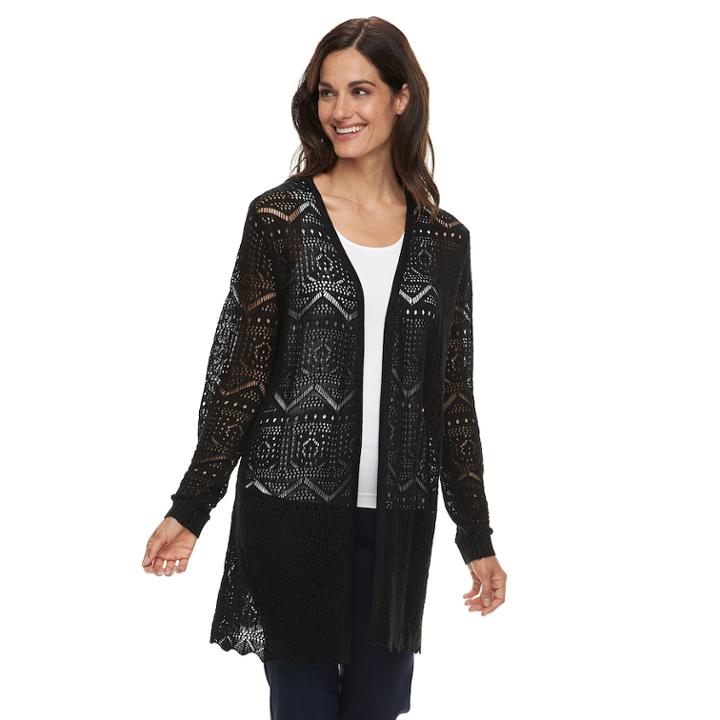 Women's Napa Valley Pointelle Open-front Cardigan, Size: Large, Black
