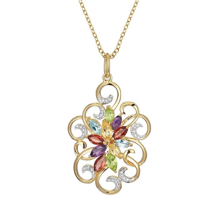 18k Gold Over Silver Gemstone And Diamond Accent Scrollwork Pendant, Women's, Size: 18, Multicolor