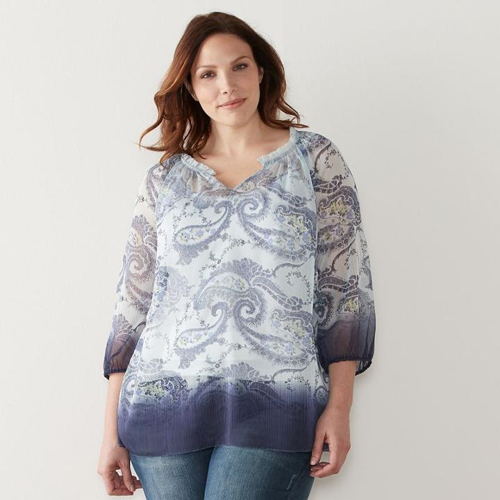 Plus Size Sonoma Goods For Life&trade; Printed Chiffon Popover Peasant Top, Women's, Size: 3xl, Light Blue