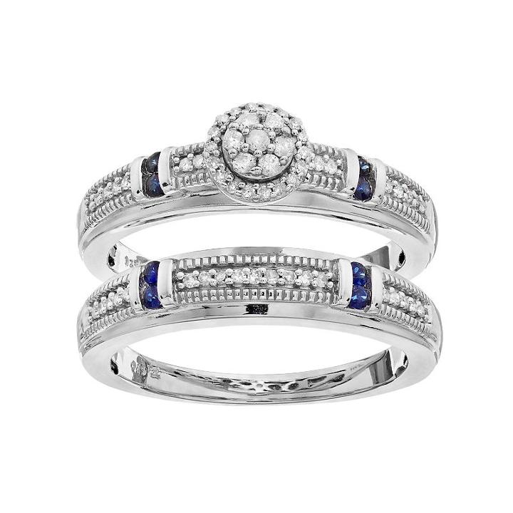 Always Yours Sterling Silver 1/5 Carat T.w. Diamond & Sapphire Halo Engagement Ring Set, Women's, Size: 7, Blue