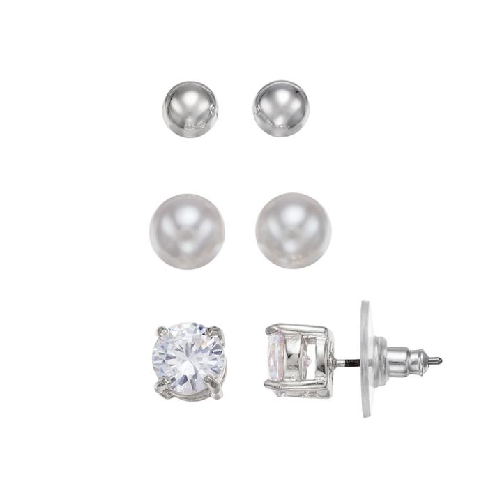 Chaps Solitaire Nickel Free Stud Earring Set, Women's, Silver