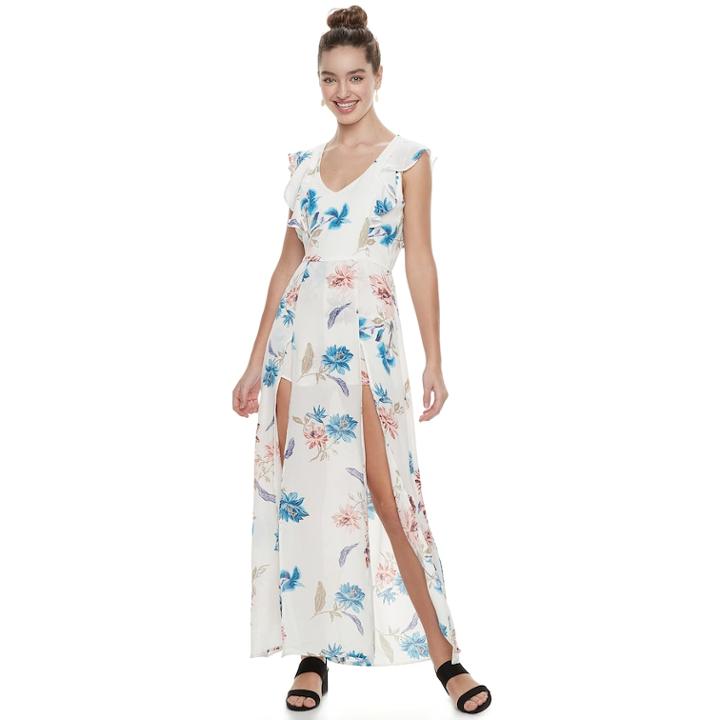 Juniors' Three Pink Hearts Floral Ruffle Slit Maxi Dress, Teens, Size: Medium, Natural