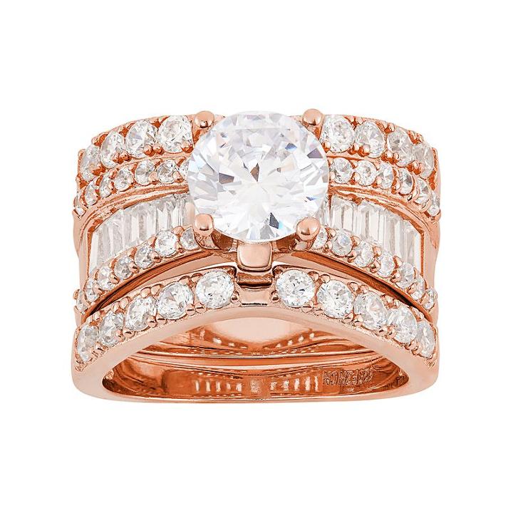 Sterling Silver Cubic Zirconia Engagement Ring Set, Women's, Size: 7, Pink
