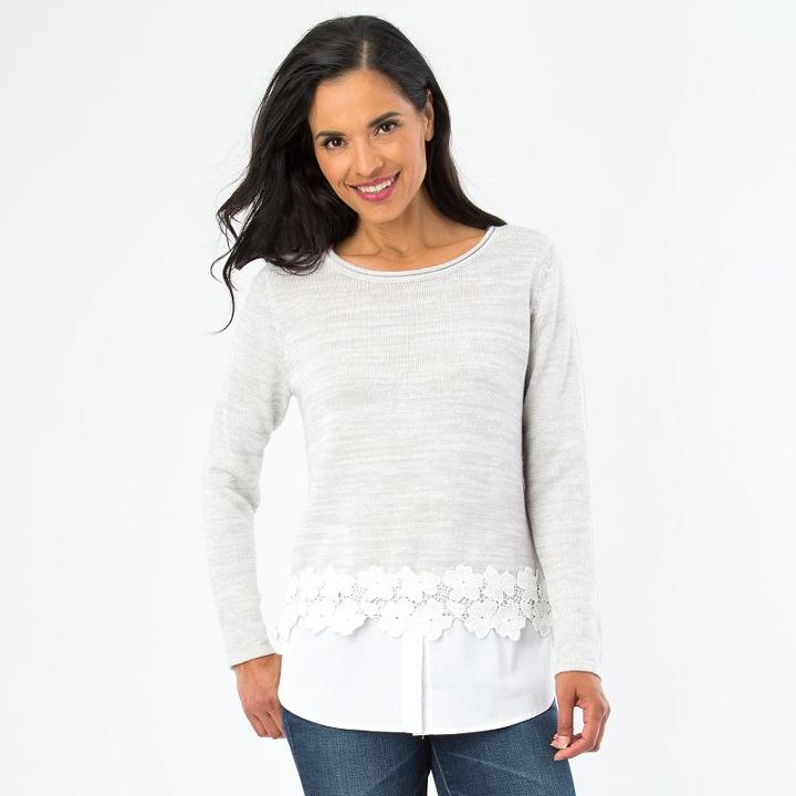 Women's Ab Studio Lace Mock-layer Top, Size: Xlrg Av/rg, Light Grey