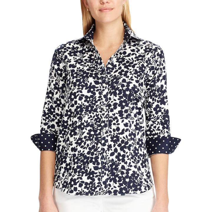 Women's Chaps Floral No-iron Sateen Shirt, Size: Medium, Blue (navy)