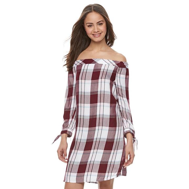 Juniors' So&reg; Plaid Off The Shoulder Dress, Girl's, Size: Medium, Dark Pink