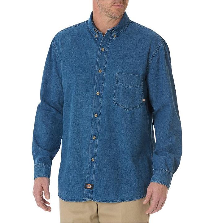 Men's Dickies Denim Button-down Work Shirt, Size: Small, Blue