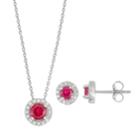Sterling Silver Lab-created Ruby & Lab-created White Sapphire Halo Pendant Necklace & Earring Set, Women's, Size: 18, Red