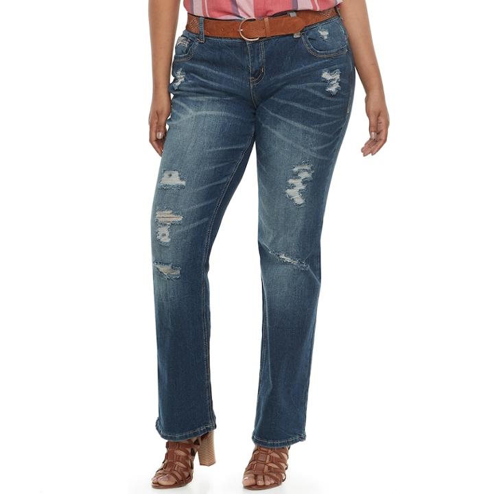 Plus Size Juniors' Plus Amethyst Belted Baby Bootcut Jeans, Teens, Size: 18 W, Dark Blue