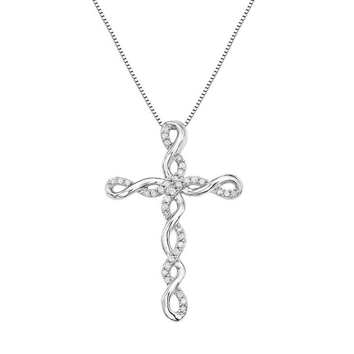 Sterling Silver 1/5 Carat T.w. Diamond Twist Cross Pendant Necklace, Women's, Size: 18, White